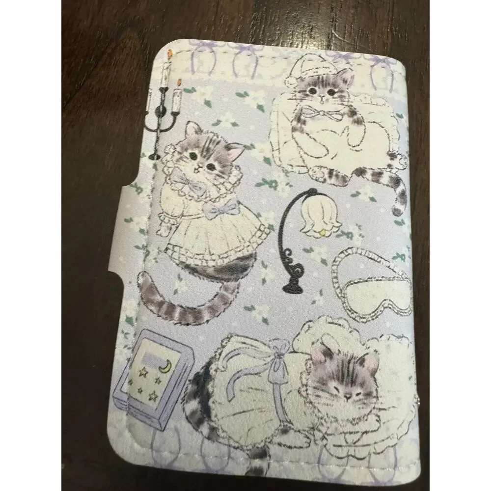Purple & white cat card wallet illustrations of cats various poses and outfits
